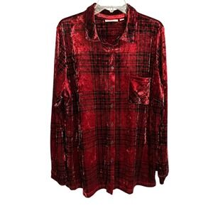 Belle Kim Gravel Red Black Plaid Velour Velvet Button Front Shirt XL Tunic Top